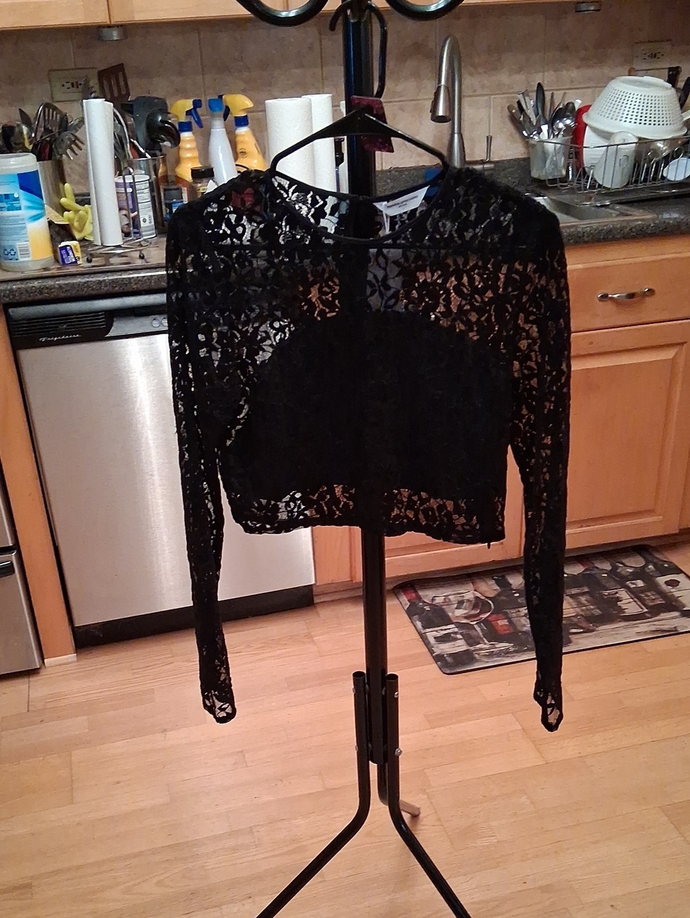 Amanda Uprichard Black Sheer Floral Lace Long-Sleeve Crop Top